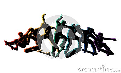 Skate people silhouettes skateboarders colorful vector illustration background extreme active Cartoon Illustration